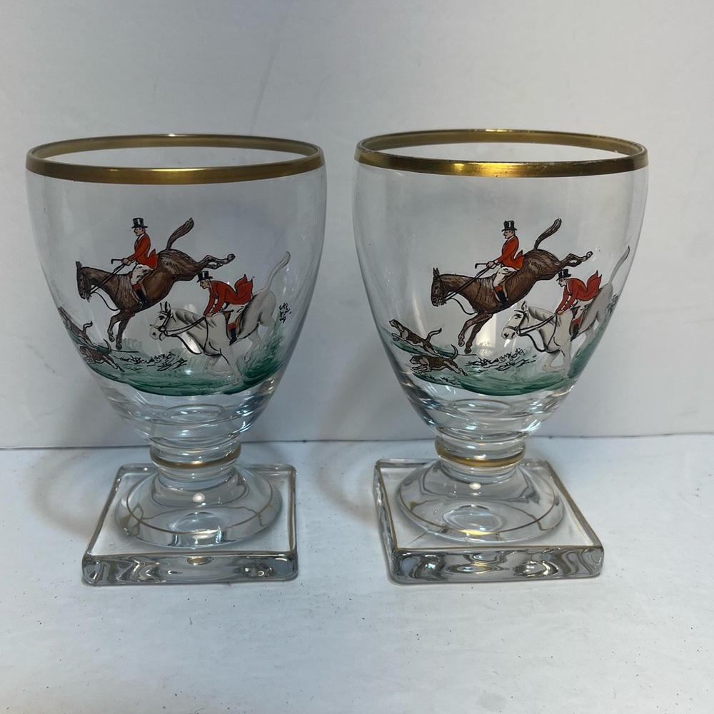 Rare 1930s English Horse Fox Hunting Scene Hand Painted Goblets Glasses Set of 2